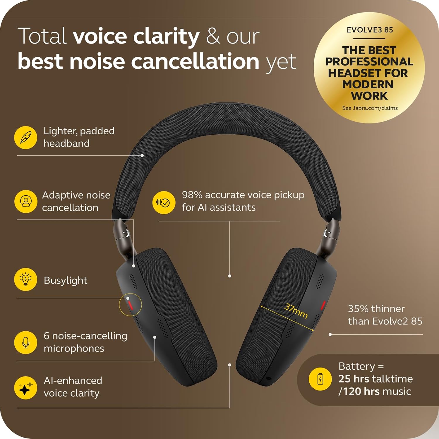 Jabra Evolve3 85 Wireless Bluetooth Over-Ear Headset with ANC, USB Charge