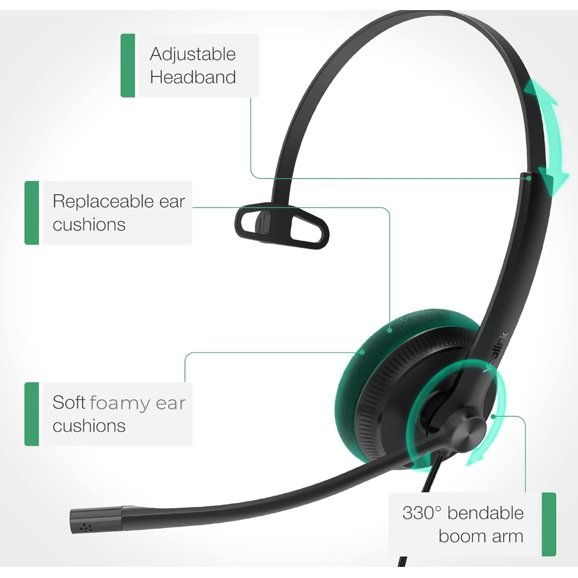 Yealink UH34 Mono USB-A On-Ear Headset – Ultra Lightweight, Noise-Cancelling, UC-Certified