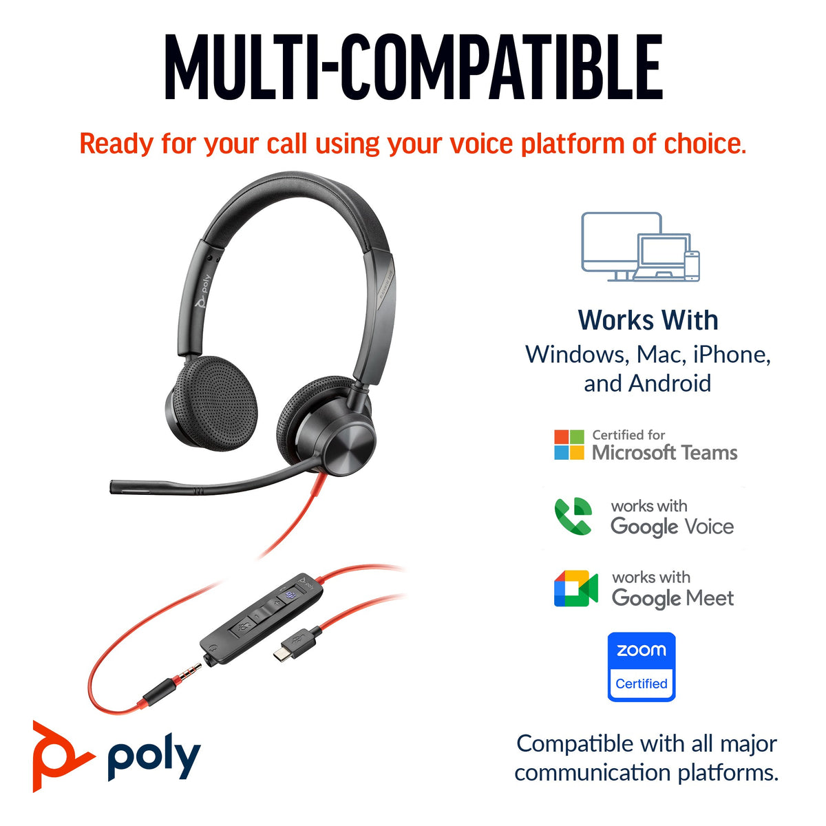 Poly Blackwire 3325 UC stereo USB-C headset with 3.5 mm plug and USB-C/A adapter (8X221AA) - alternate angle