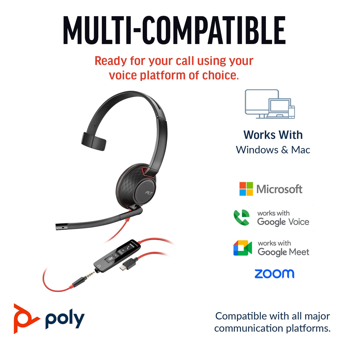 Poly Blackwire 5210 mono USB-C headset with 3.5 mm plug and USB-C/A adapter, bulk pack (8X230A6) - additional view