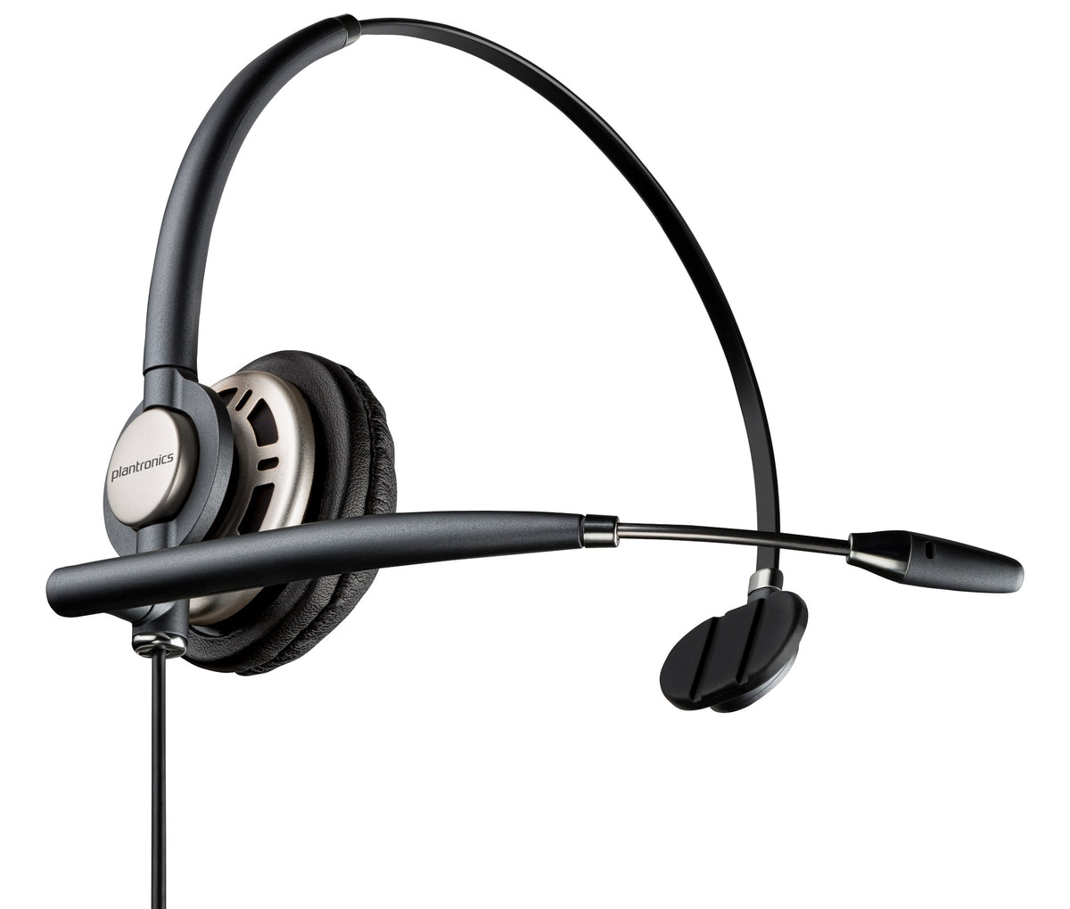 Poly EncorePro HW710 single-ear headset with leatherette ear cushion and flexible mic boom, side view