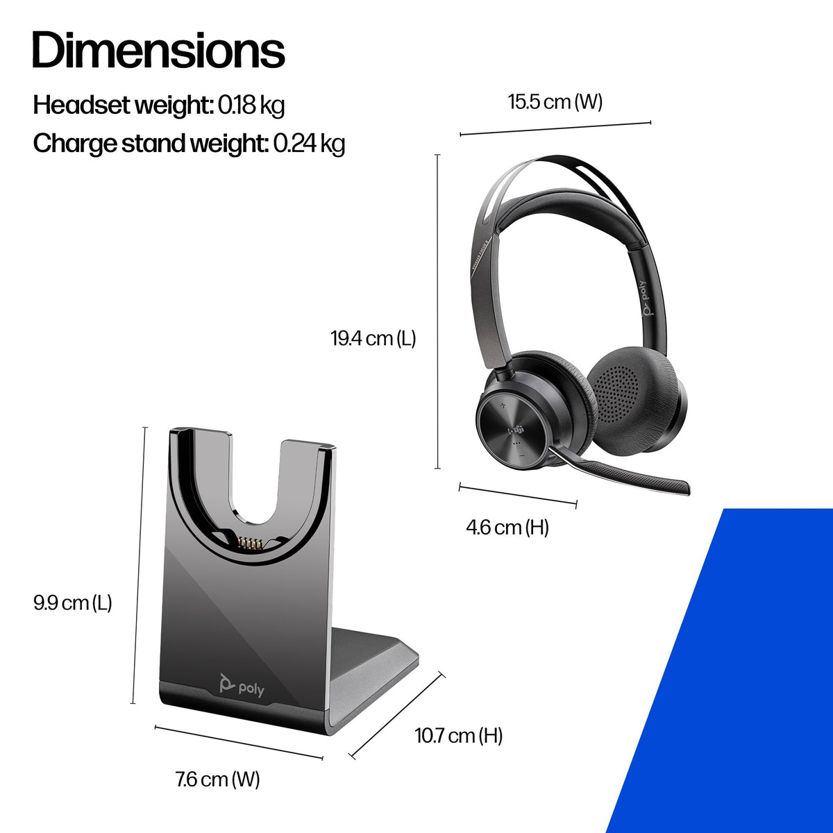 Poly Voyager Focus 2 Microsoft Teams stereo Bluetooth headset, USB-C with USB-C/A adapter and charging stand (9T9J6AA) - detail view
