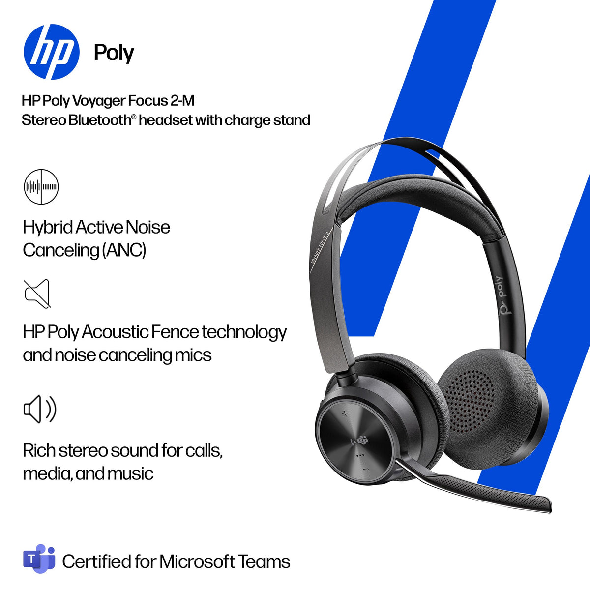 Poly Voyager Focus 2 Microsoft Teams stereo Bluetooth headset, USB-C with USB-C/A adapter and charging stand (9T9J6AA) - additional view
