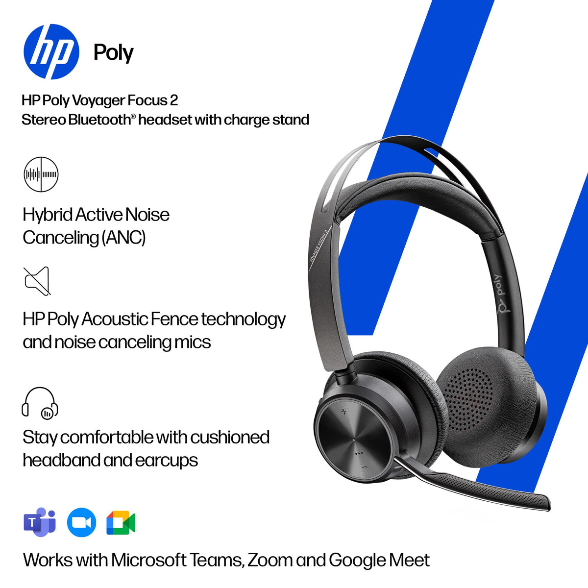 Poly Voyager Focus 2 UC stereo Bluetooth headset, USB-C with USB-C/A adapter and charging stand (9T9J5AA) - detail view