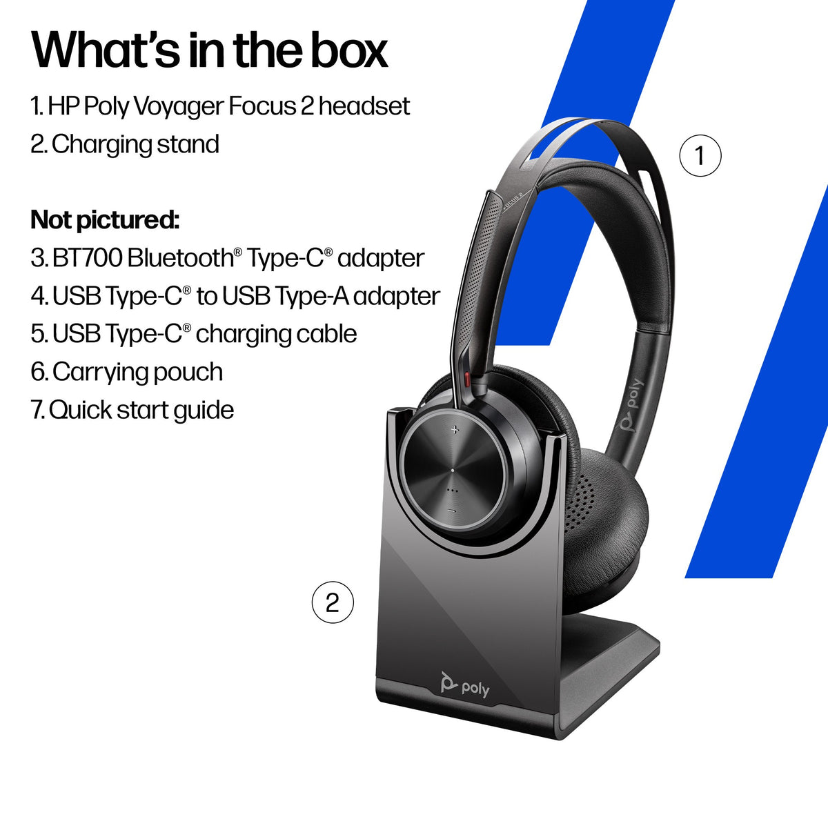Poly Voyager Focus 2 UC stereo Bluetooth headset, USB-C with USB-C/A adapter and charging stand (9T9J5AA) - additional view