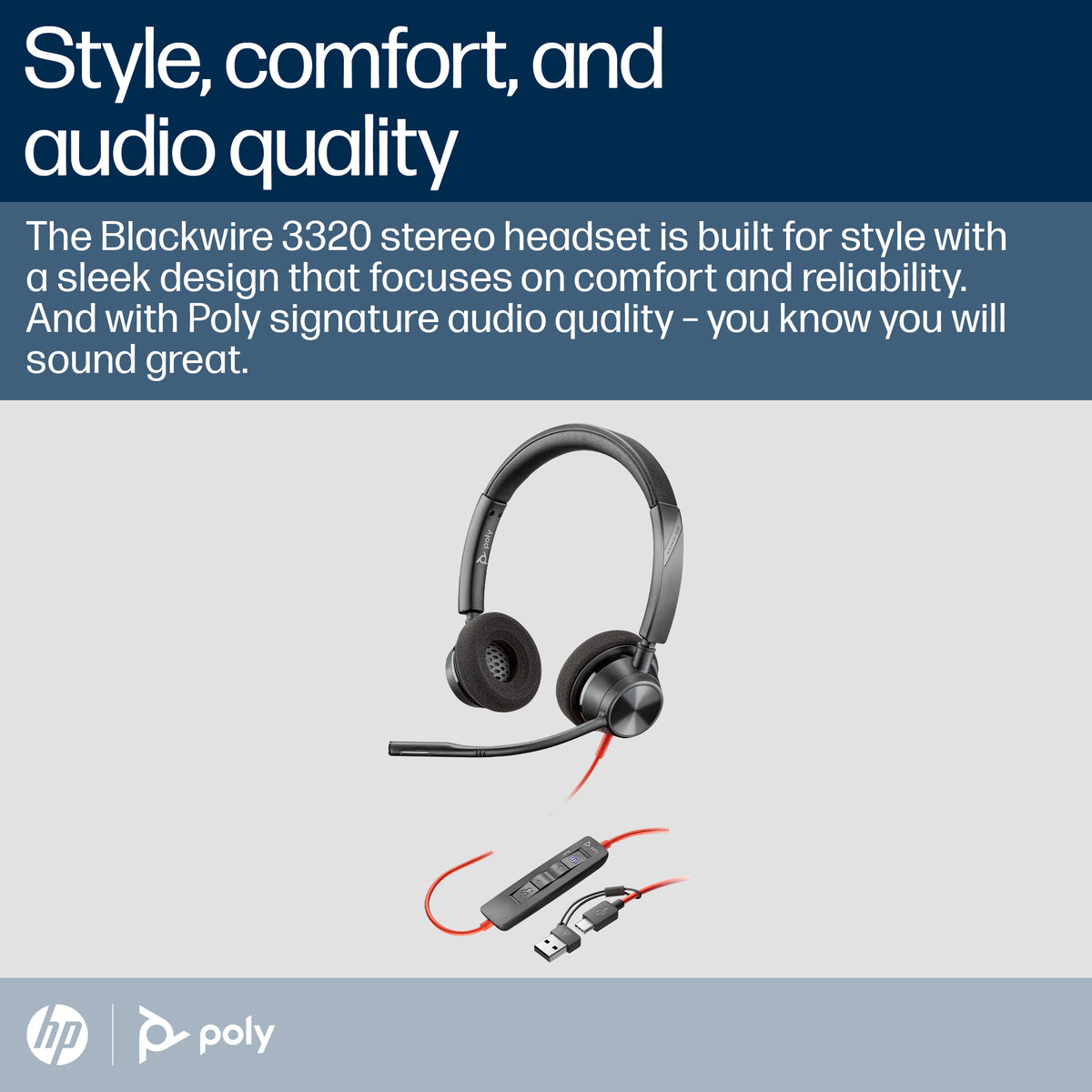 Poly Blackwire 3320 Stereo MS Teams Certified USB-C Headset + USB-A Adapter