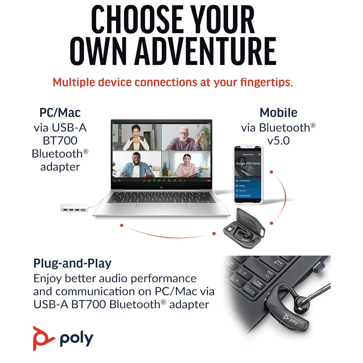 Voyager 5200 - Bluetooth Headset with BT700 USB Dongle & Charging Case