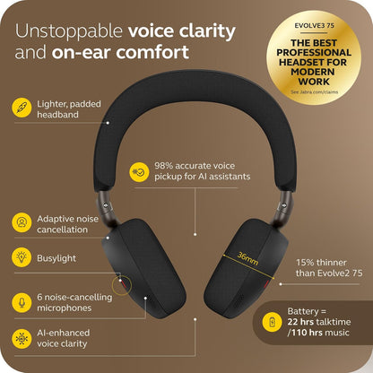 Jabra Evolve3 75 Wireless Bluetooth On-Ear Headset with ANC & Mic