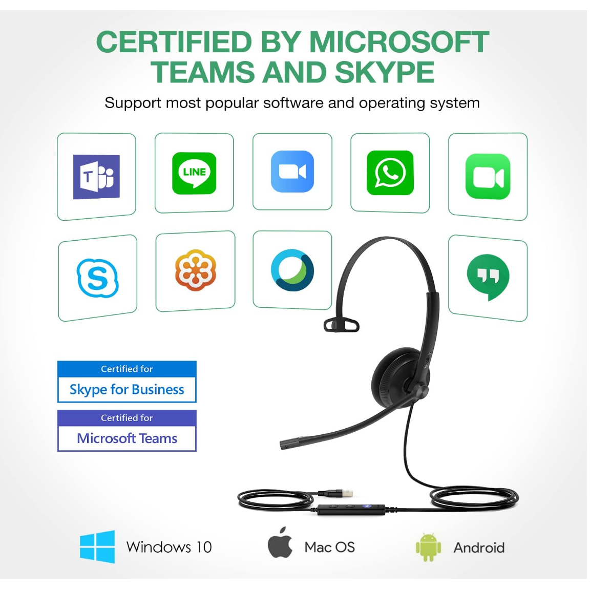 Yealink UH34 Mono USB-A On-Ear Headset – Ultra Lightweight, Noise-Cancelling, UC-Certified