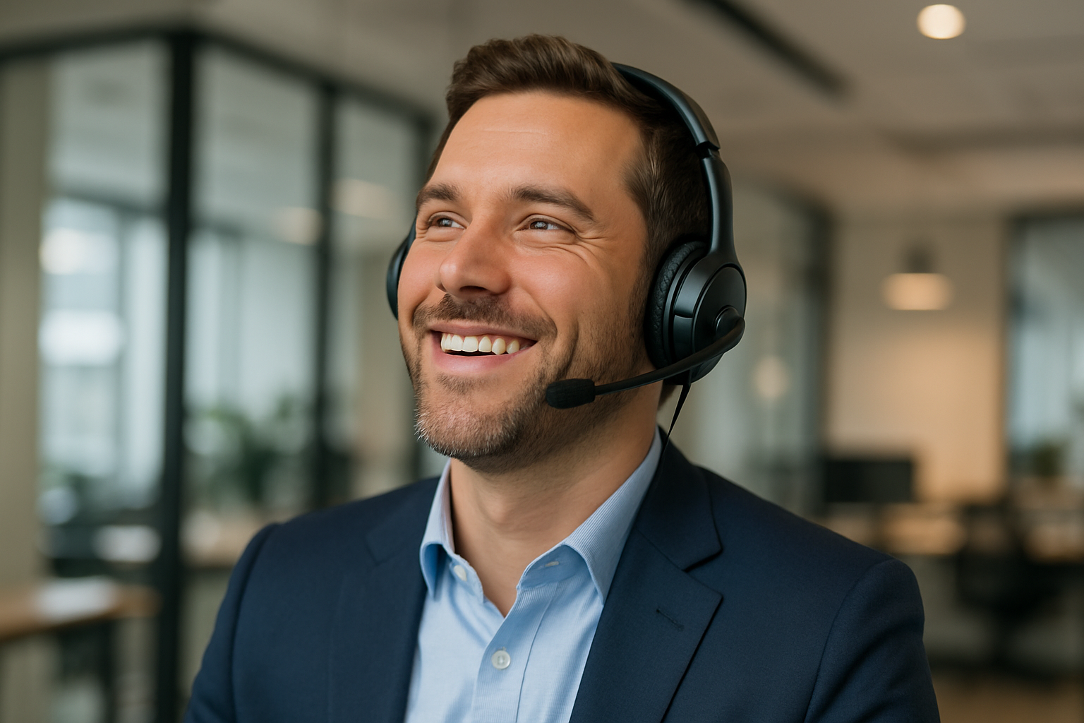 a man in an office looking up with a happy expression. he is very comfortable with his headset