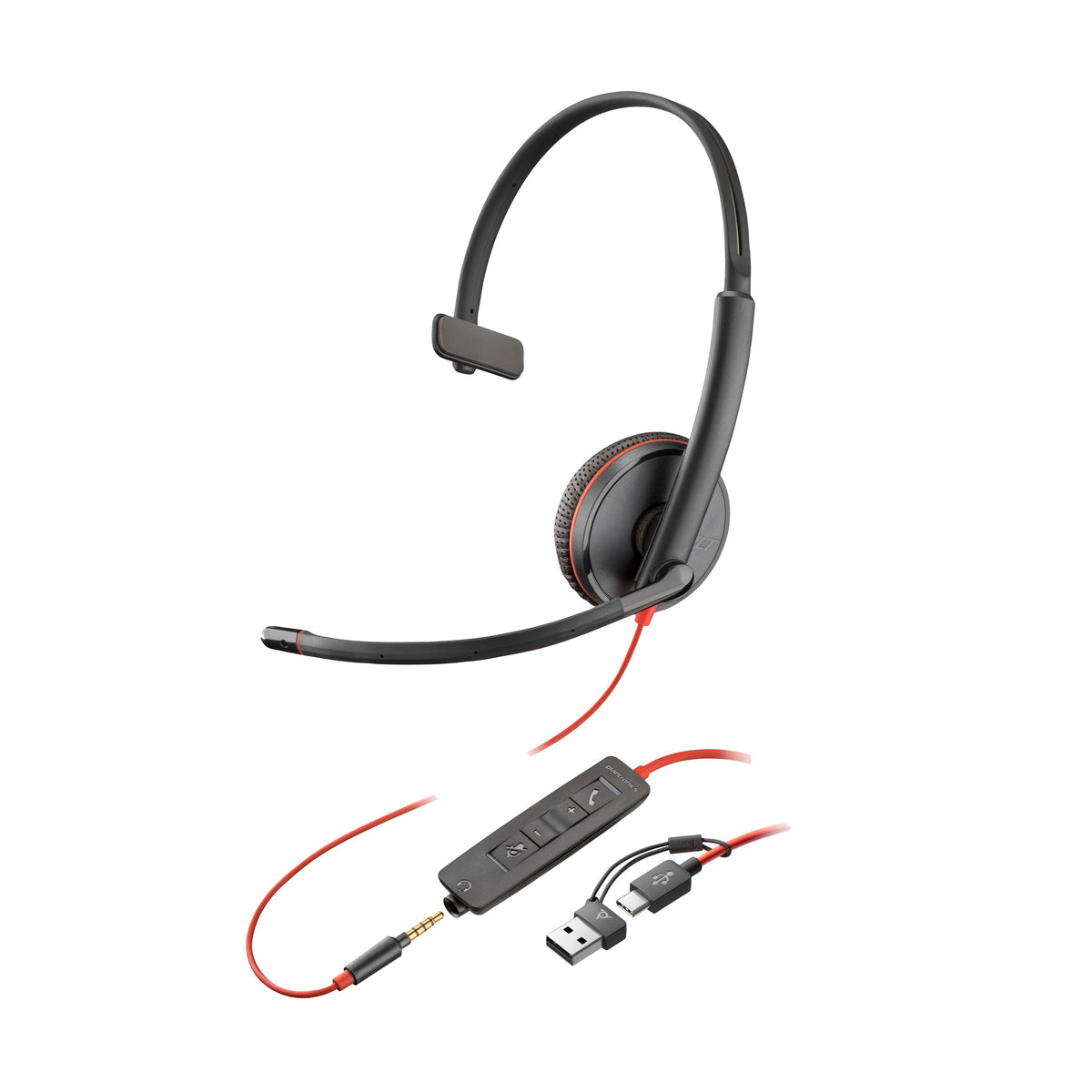 Poly Blackwire 3215 mono USB-C headset with 3.5 mm plug and USB-C/A adapter (8X227A6) - main product image