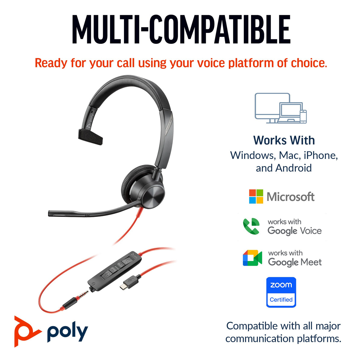 Poly Blackwire 3315 Microsoft Teams mono USB-C headset with 3.5 mm plug and USB-C/A adapter (8X218AA) - alternate angle
