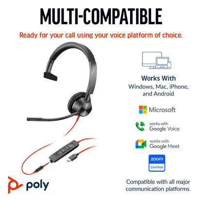 Poly Blackwire 3315 Microsoft Teams mono USB-C headset with 3.5 mm plug and USB-C/A adapter (8X218AA) - alternate angle