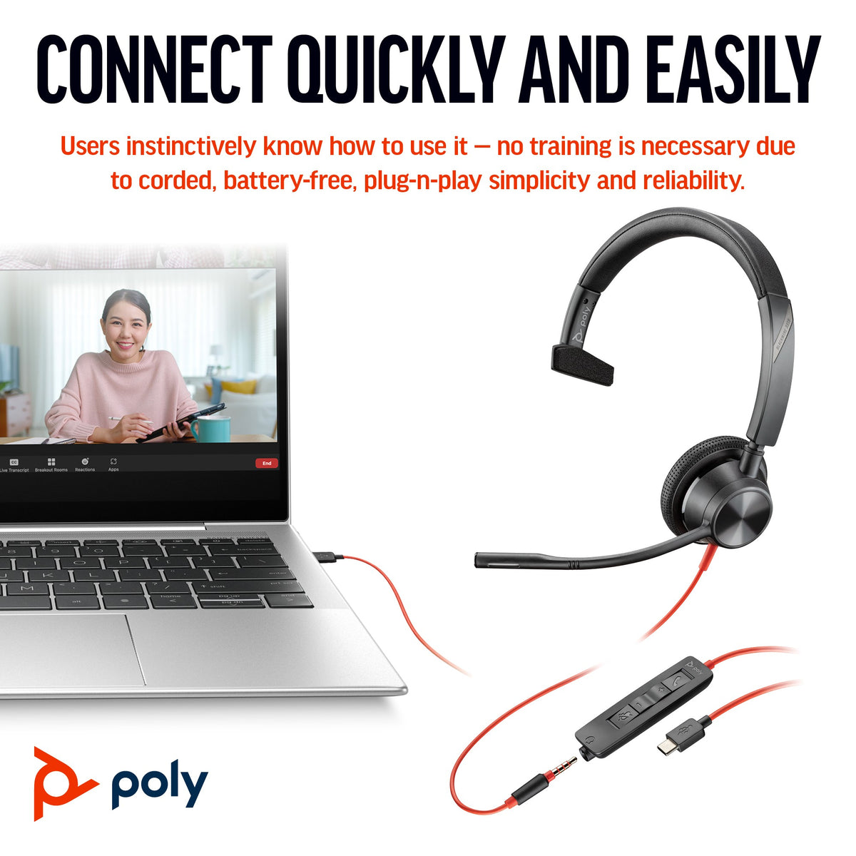 Poly Blackwire 3315 Microsoft Teams mono USB-C headset with 3.5 mm plug and USB-C/A adapter (8X218AA) - detail view