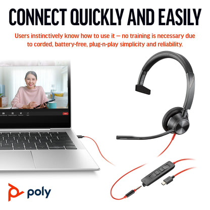 Poly Blackwire 3315 Microsoft Teams mono USB-C headset with 3.5 mm plug and USB-C/A adapter (8X218AA) - detail view