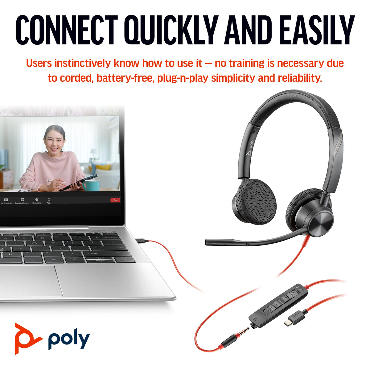 Poly Blackwire 3325 UC stereo USB-C headset with 3.5 mm plug and USB-C/A adapter (8X221AA) - alternate view