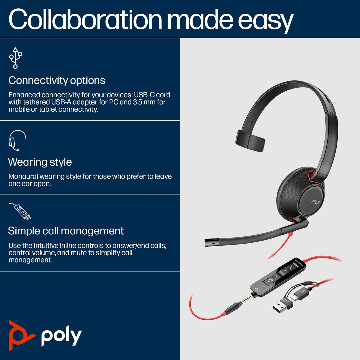 Poly Blackwire 5210 mono USB-C headset with 3.5 mm plug and USB-C/A adapter, bulk pack (8X230A6) - alternate view