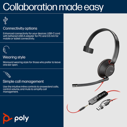 Poly Blackwire 5210 mono USB-C headset with 3.5 mm plug and USB-C/A adapter, bulk pack (8X230A6) - alternate view