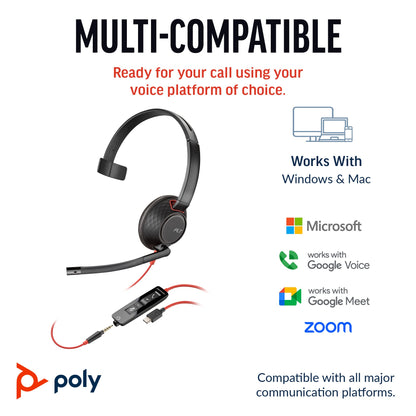 Poly Blackwire 5210 mono USB-C headset with 3.5 mm plug and USB-C/A adapter, bulk pack (8X230A6) - additional view