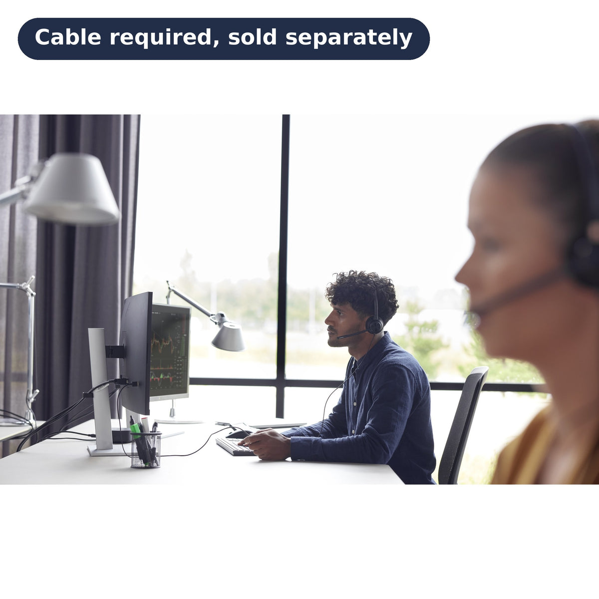 Poly EncorePro 310 Mono Wired Headset, QD (77T43AA) with 'Cable required, sold separately' badge - main product image