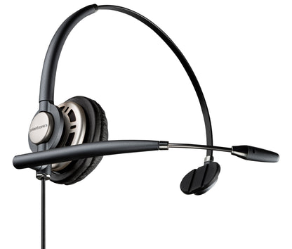 Poly EncorePro HW710 single-ear headset with leatherette ear cushion and flexible mic boom, side view