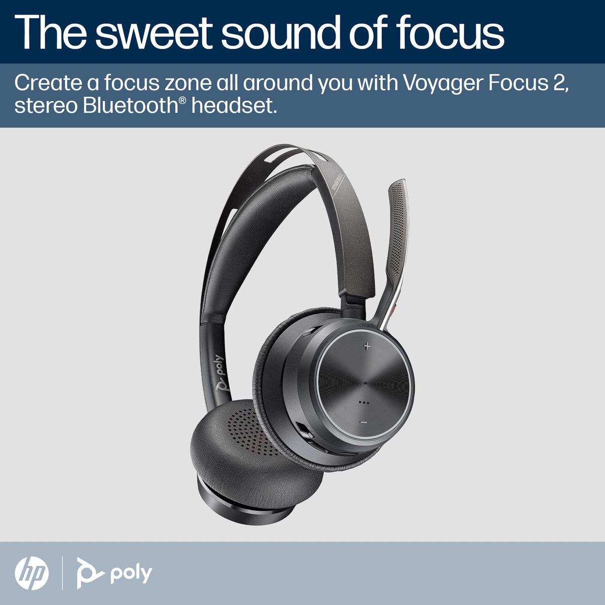 Poly Voyager Focus 2 Microsoft Teams stereo Bluetooth headset, USB-C with USB-C/A adapter and charging stand (9T9J6AA) - alternate angle