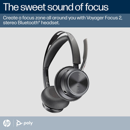 Poly Voyager Focus 2 Microsoft Teams stereo Bluetooth headset, USB-C with USB-C/A adapter and charging stand (9T9J6AA) - alternate angle