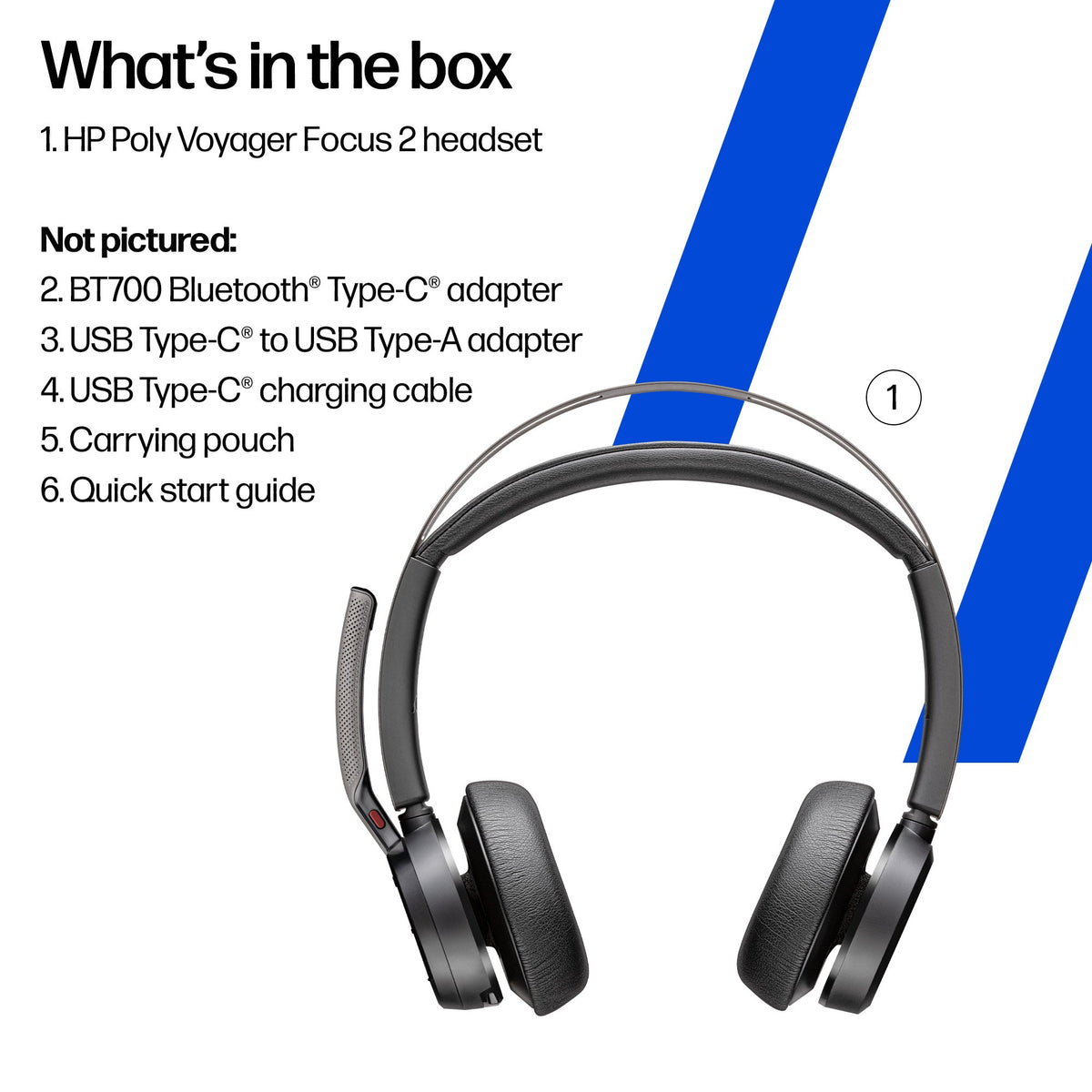 Poly Voyager Focus 2 UC stereo Bluetooth headset, USB-C with USB-C/A adapter (9T9J3AA) - additional view