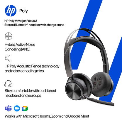 Poly Voyager Focus 2 UC stereo Bluetooth headset, USB-C with USB-C/A adapter and charging stand (9T9J5AA) - detail view