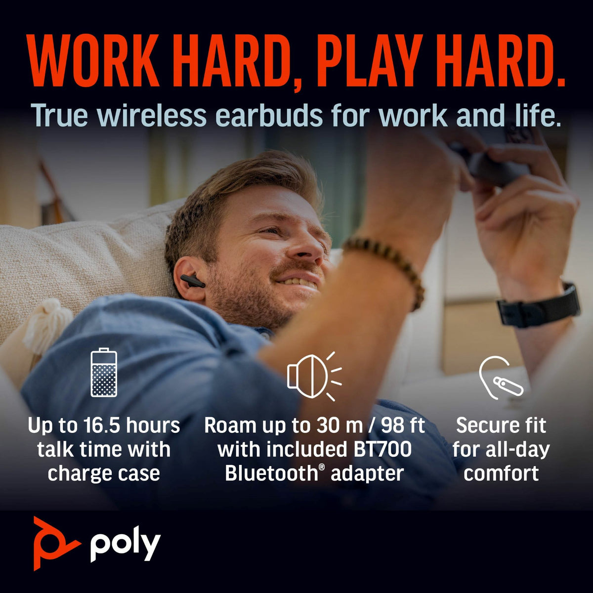 Poly Voyager Free 60+ UC earbuds, Carbon Black, with BT700 USB-C/A adapter and touchscreen charge case (7Y8G4AA) - detail view